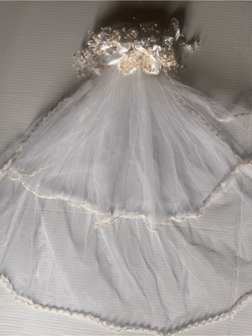 Bridal Veil White Floral pearl and Ribbon embellishment with Gold Trim